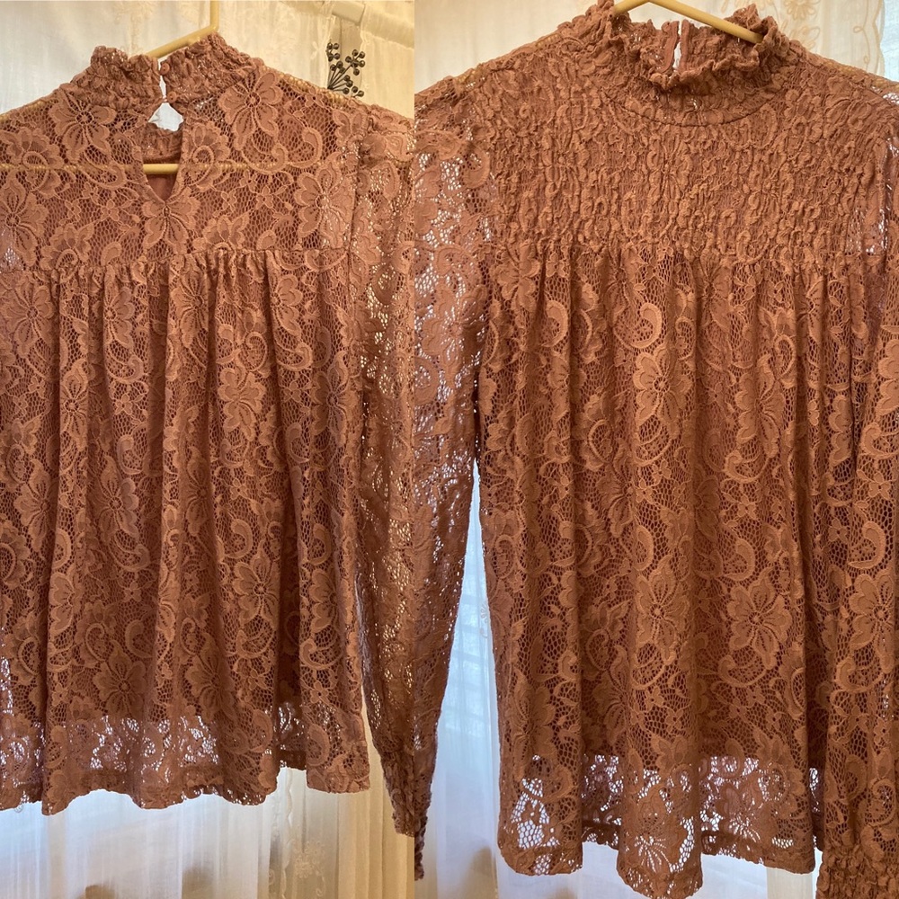Cable & Gauge Mauve Pink Lace High Neck Blouse M